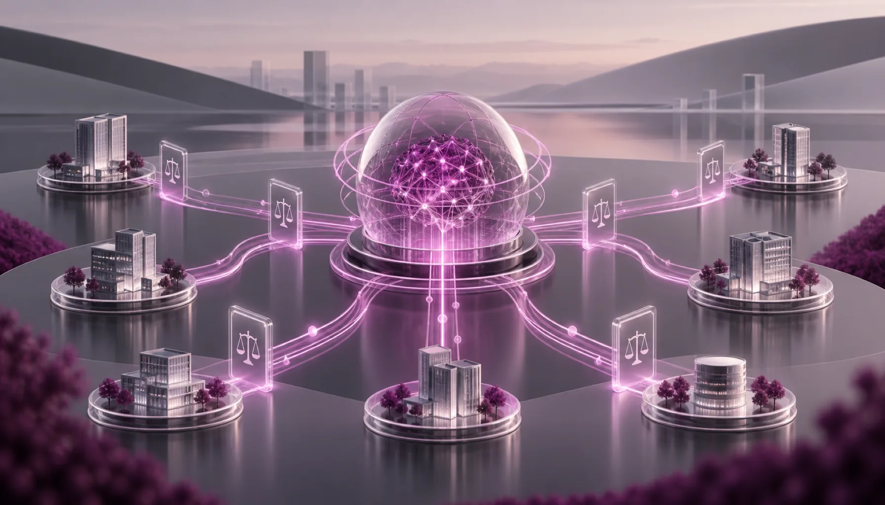Abstract illustration of platform regulation, AI governance, vendor review and controlled data flows.