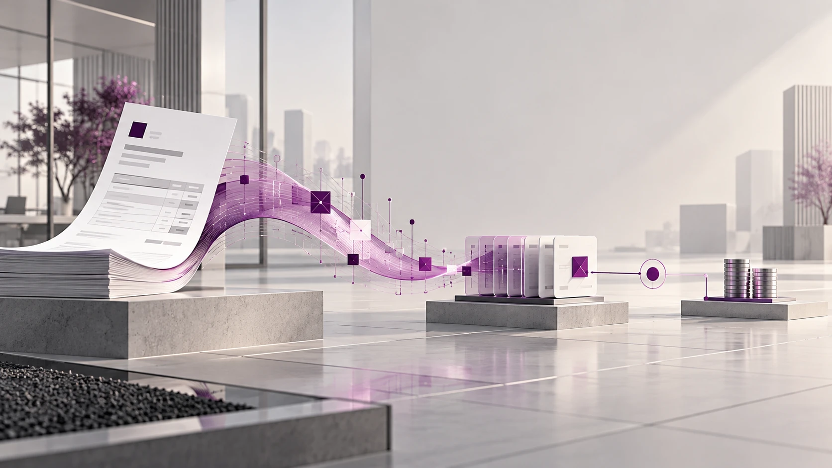 Ein Rechnungsstapel wird über einen violetten Datenstrom mit digitalen Rechnungen und Münzstapeln verbunden.