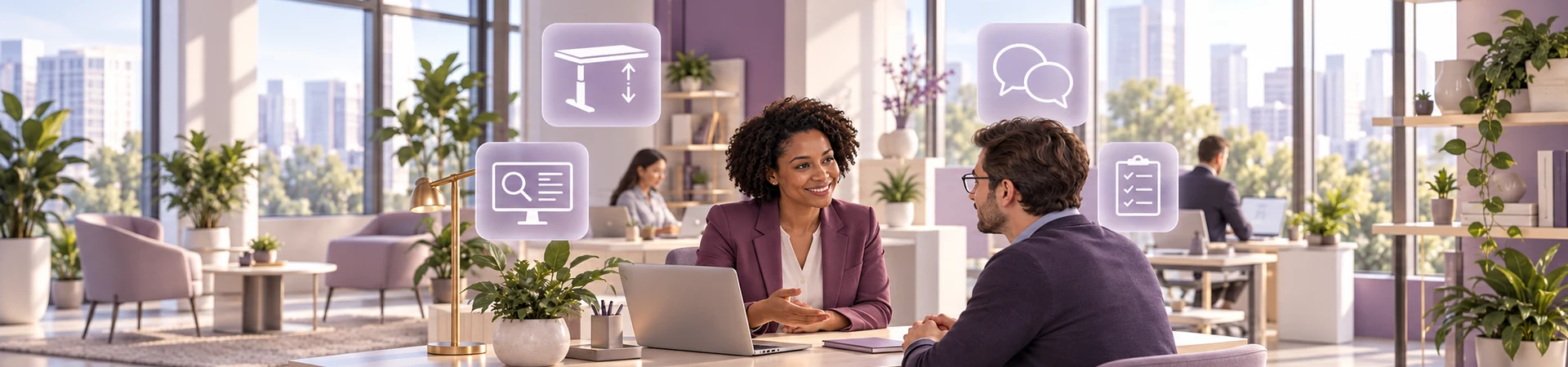 Office consultation with symbols for an adjustable workstation, digital tools, dialogue and a checklist.