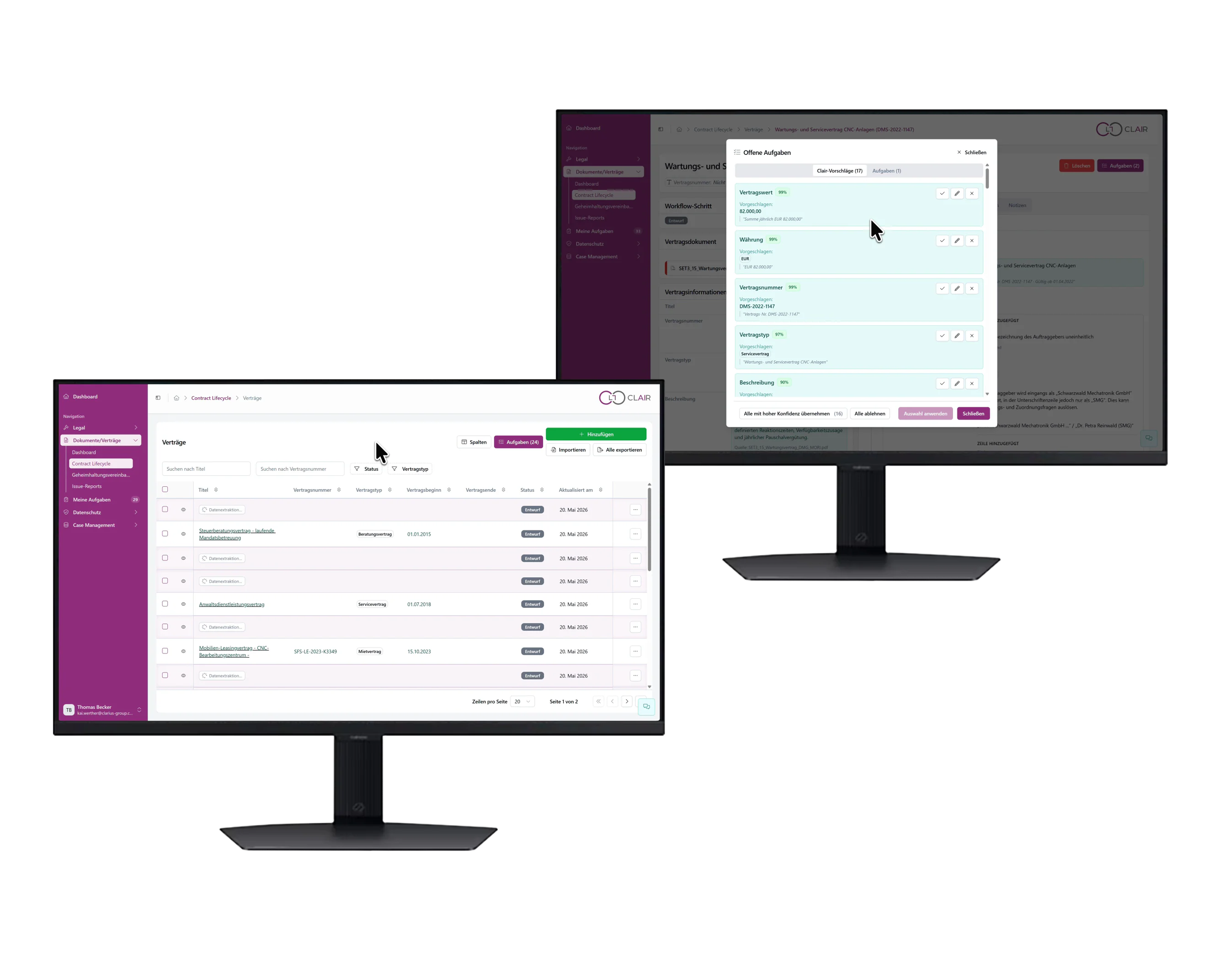 CLAIR platform showing contracts and tasks