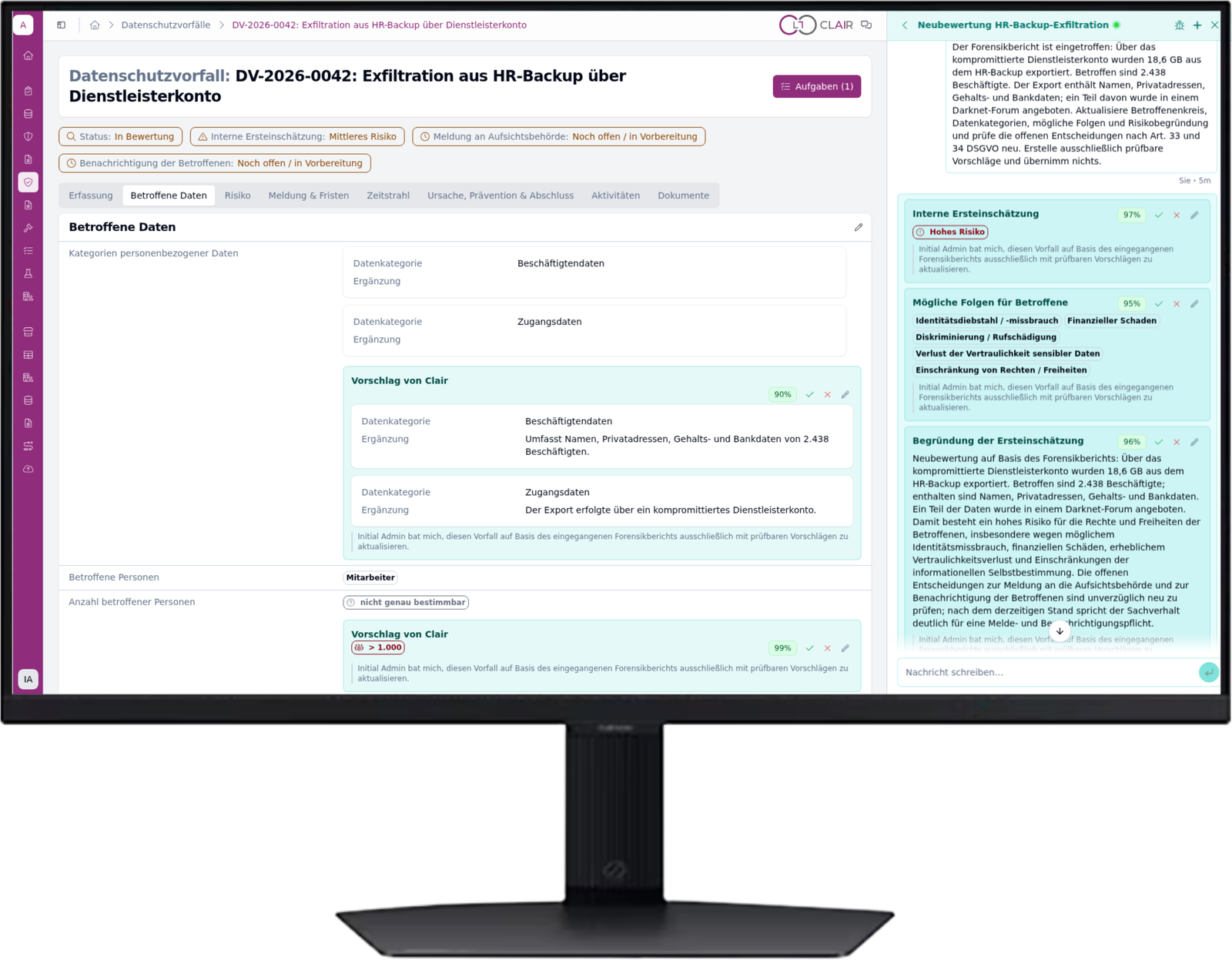 CLAIR on a monitor showing a data protection incident and AI suggestions for risk assessment