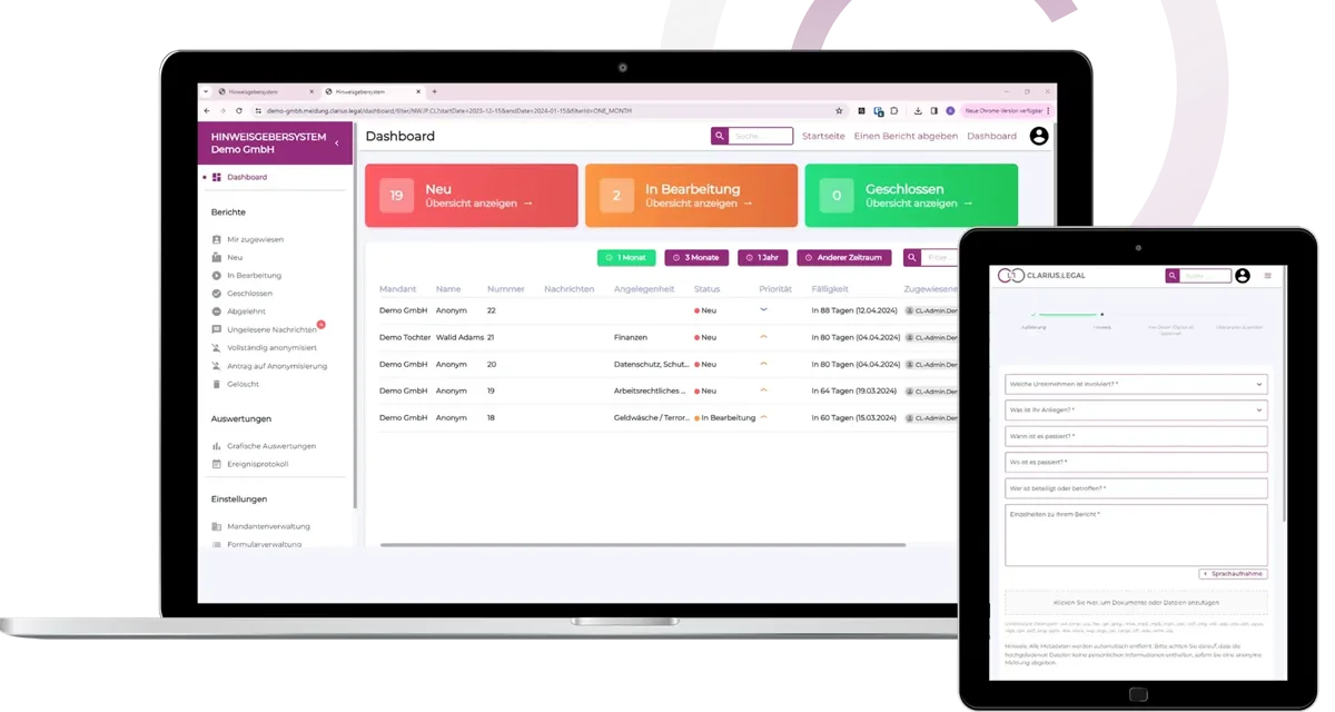 Hinweisgebersystem: Dashboard der Meldestelle und Meldeformular für Hinweisgeber