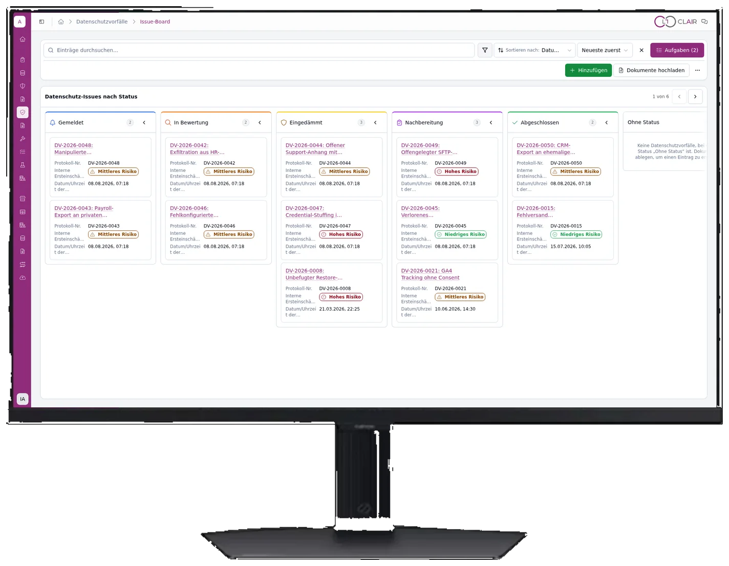 CLAIR on a monitor: a board of reported incidents by status and risk assessment